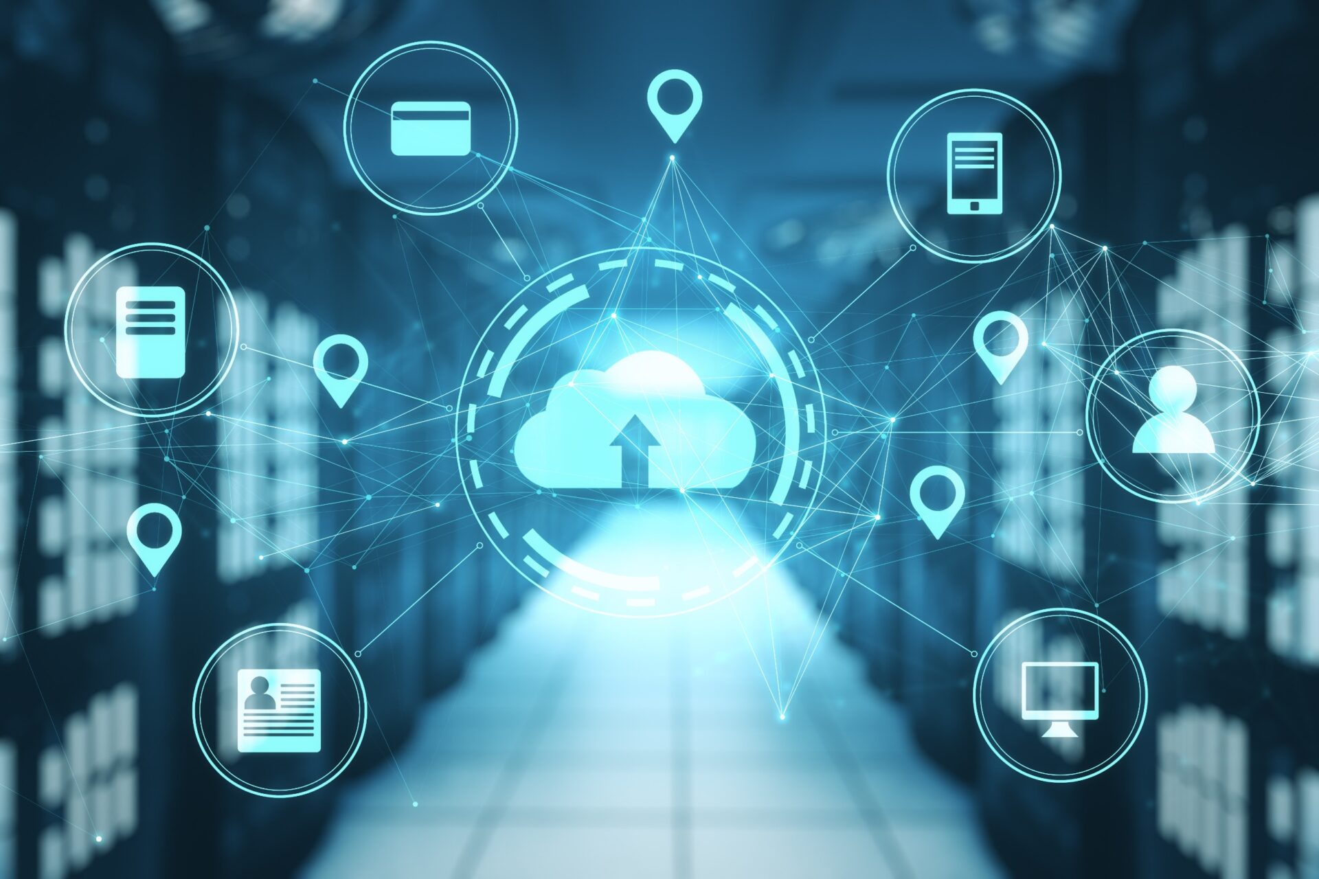 Server room with networking cloud diagram in data center. Network and communication concept. 3D Rendering